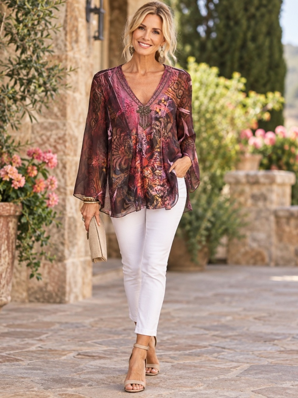 Sheer Boho Floral Beaded V-Neck Tunic Top Bell Sleeves Medium